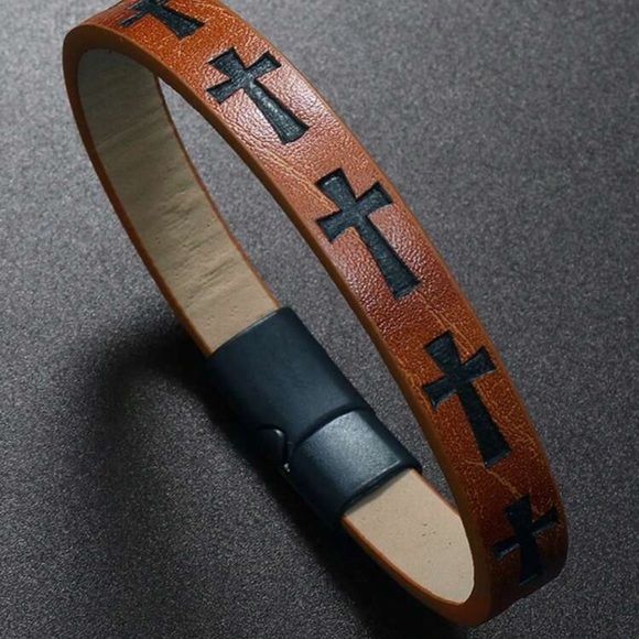 Other - Brown Leather Bracelet with Crosses